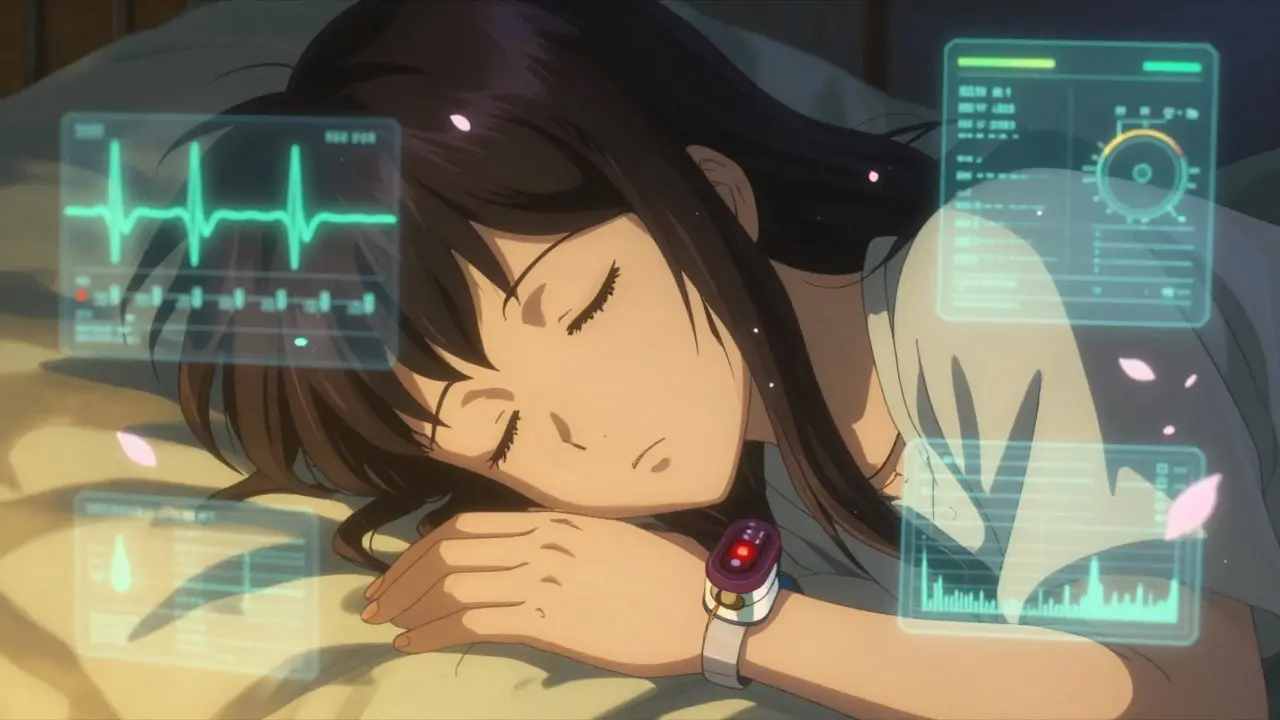 Close-up of a hand with a pulse oximeter, surrounded by floating sleep metrics like EEG waves and oxygen levels in dreamy anime style.