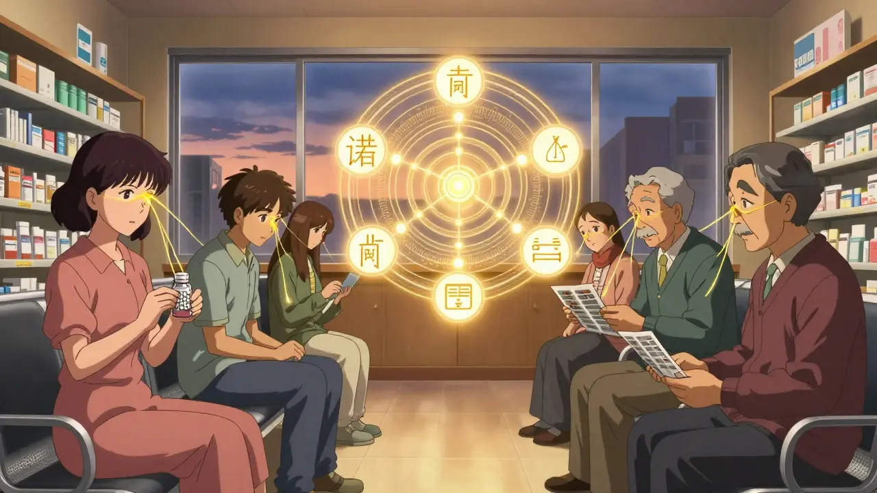 Diverse group of people in pharmacy connected by glowing threads to their medication bags