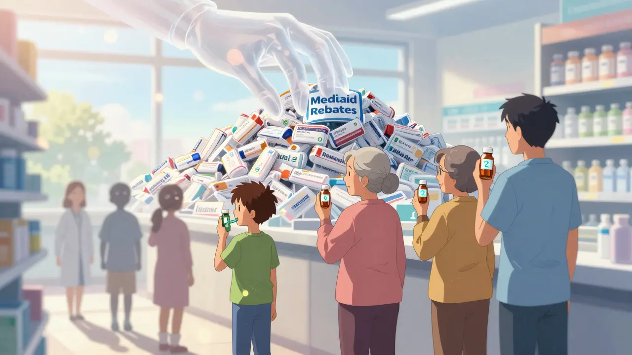 Diverse patients hold pill bottles with glowing  price tags as inflated brand prices fade behind them.