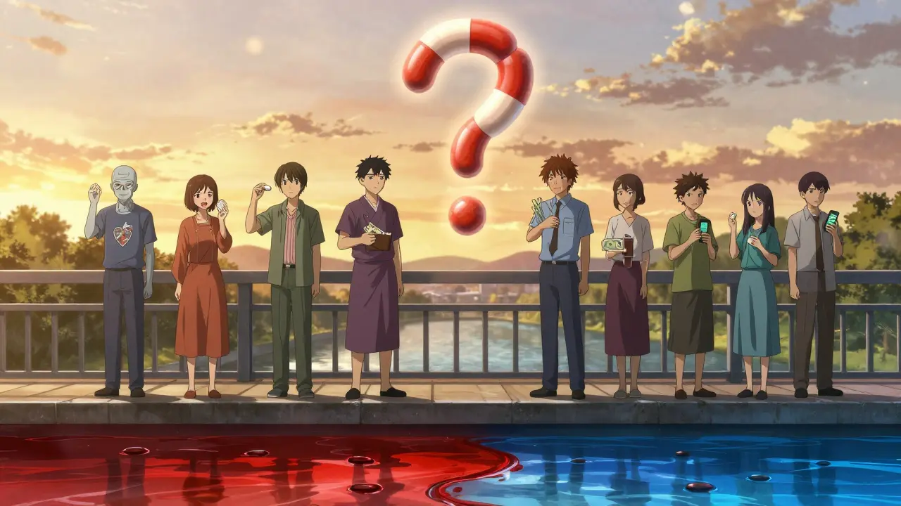 Diverse patients on bridge with anticoagulant pills and split river of risks