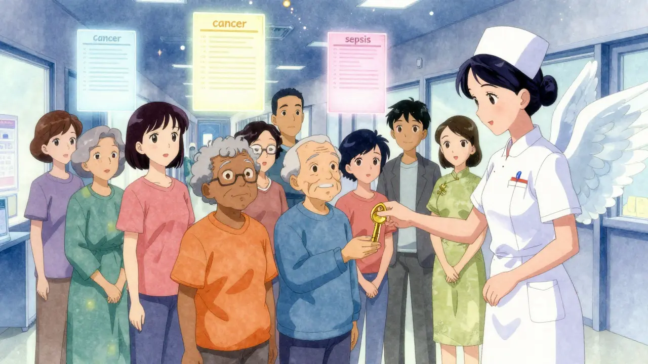 Diverse patients receiving golden keys in a glowing hallway, symbolizing access to medication grants.