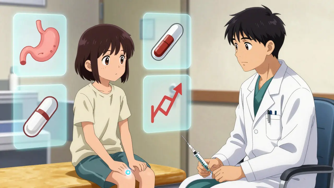 Doctor and patient in consultation with floating side effect panels around them.