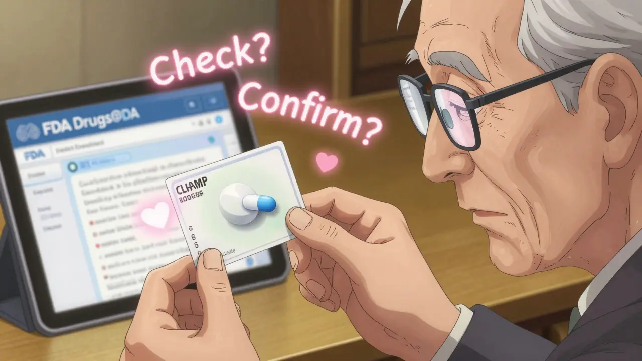 Elderly man using magnifying card to compare pill appearance with reference image