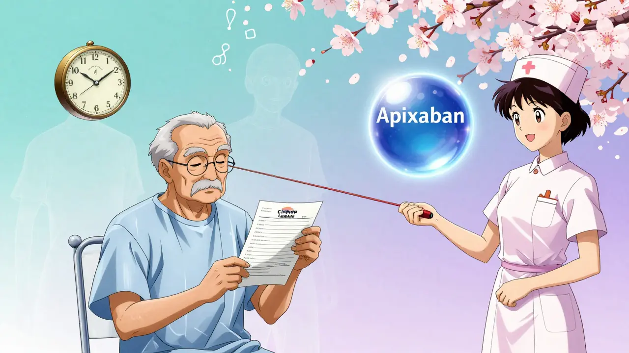Elderly man with nurse, warfarin clock and apixaban orb in dreamy medical scene
