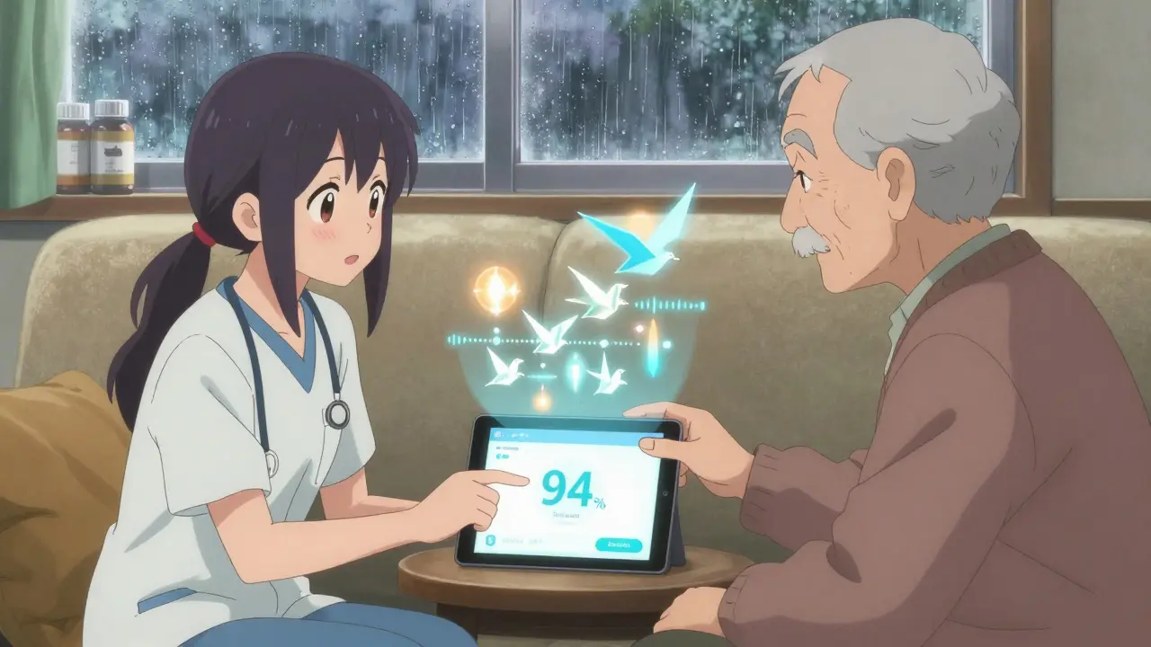 Elderly person and caregiver together viewing a medication app with a high adherence score, holographic alarms floating nearby.