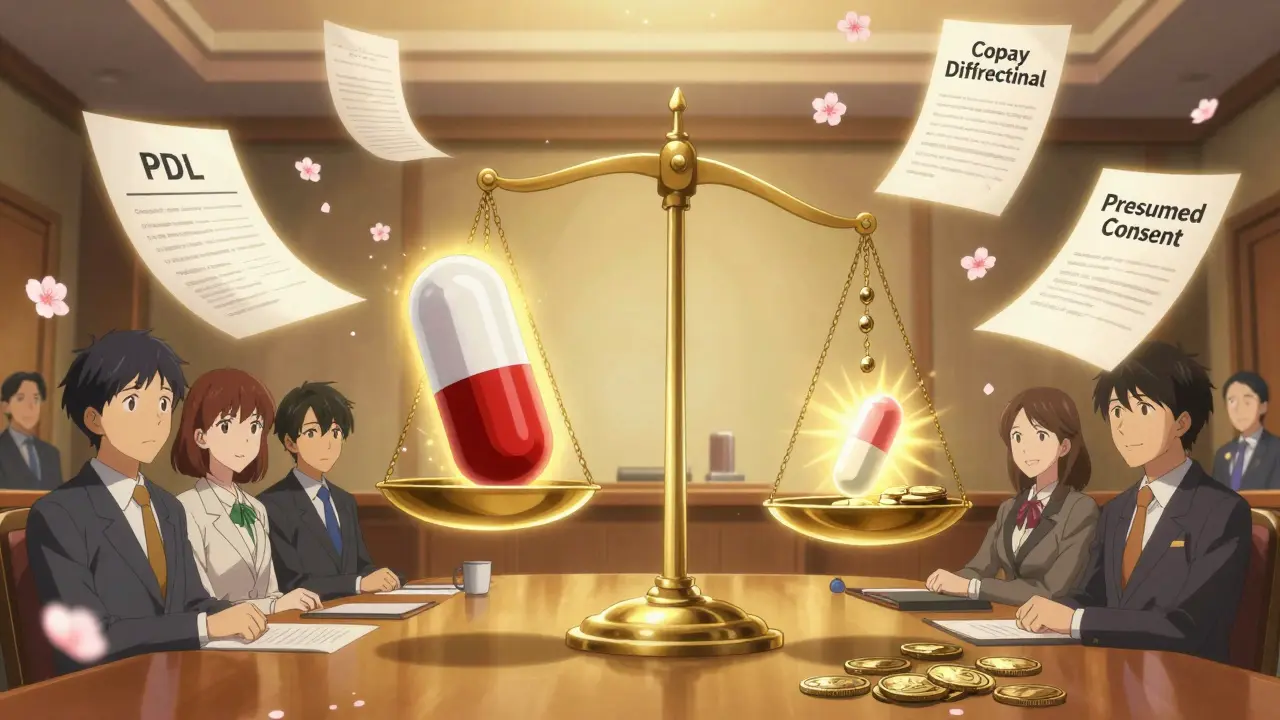 Floating policy documents balance a heavy brand-name pill against a radiant generic pill in a glowing boardroom.
