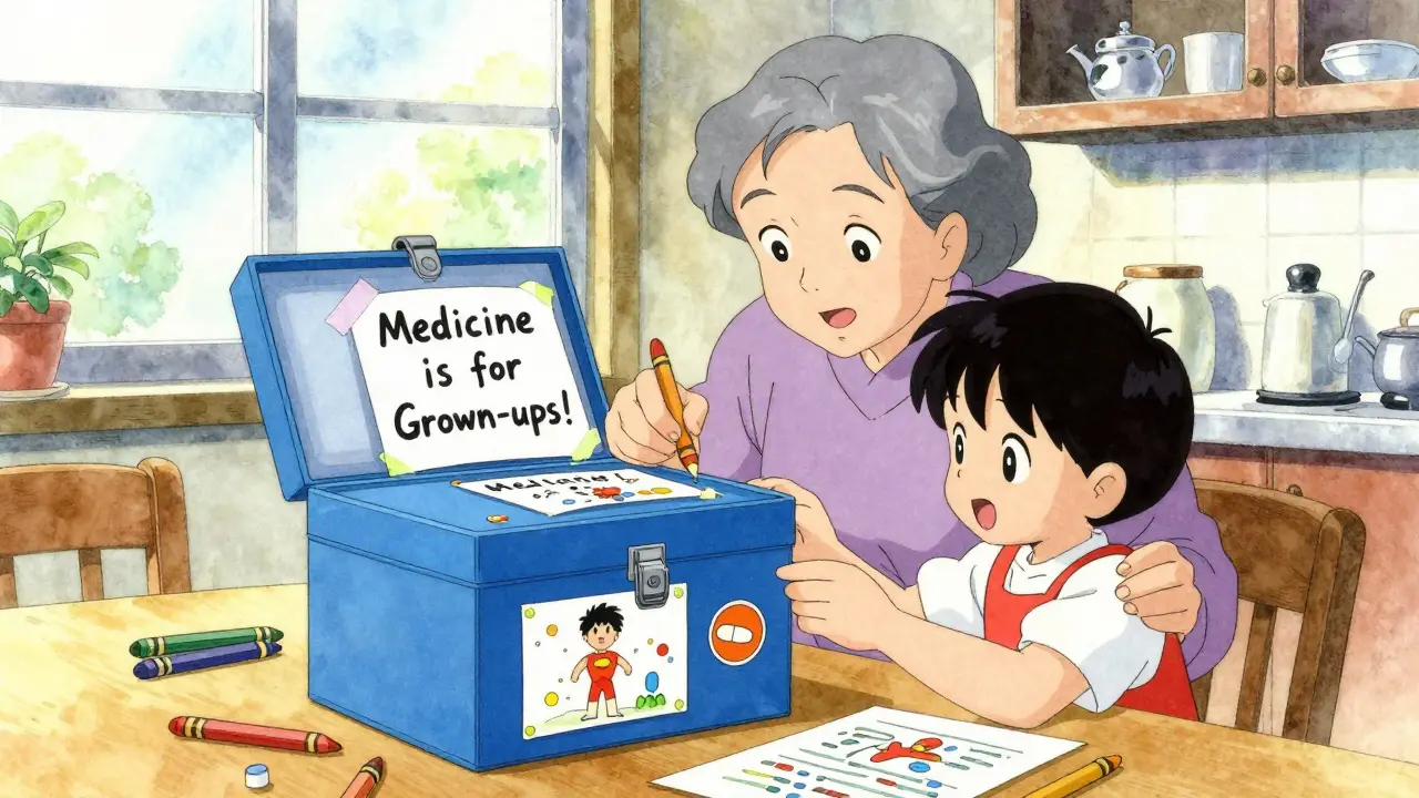 Grandparent and child decorating a medicine lockbox together at the kitchen table.
