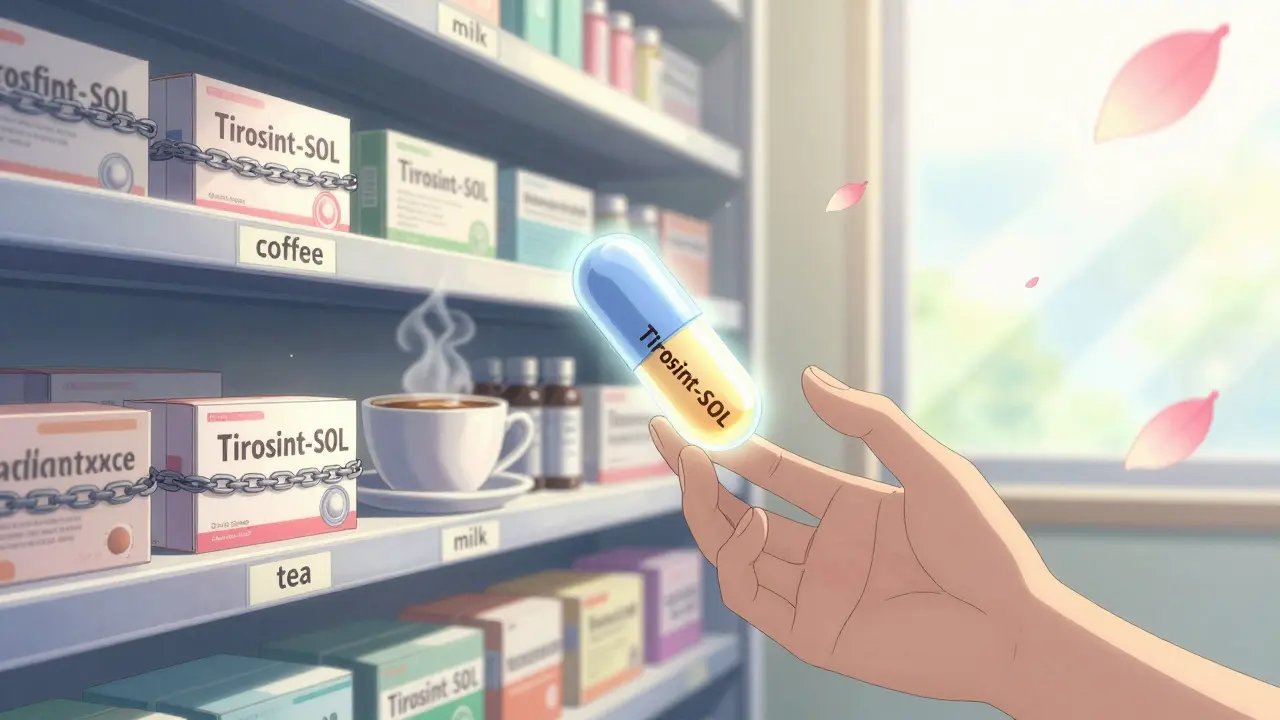 Liquid thyroid medication floating freely beside coffee, chains broken, anime style with glowing symbols.