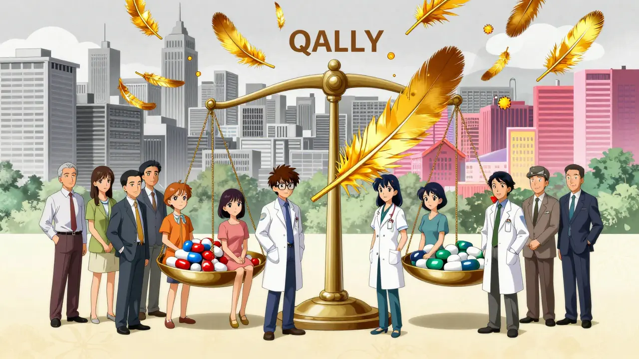 Patients and doctors standing before a scale tipping toward cheap generics, golden QALY feathers rising, city brightening.
