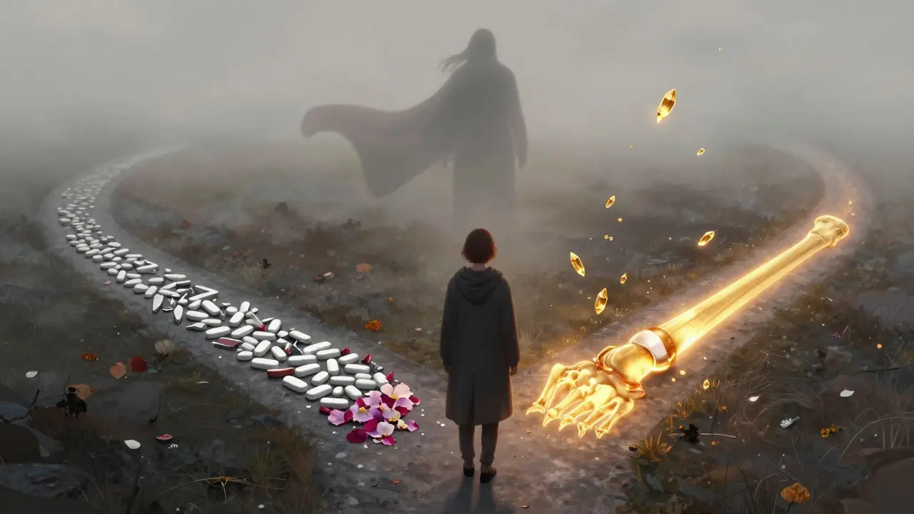 Person choosing a path to recovery with three symbolic drug routes in anime style.