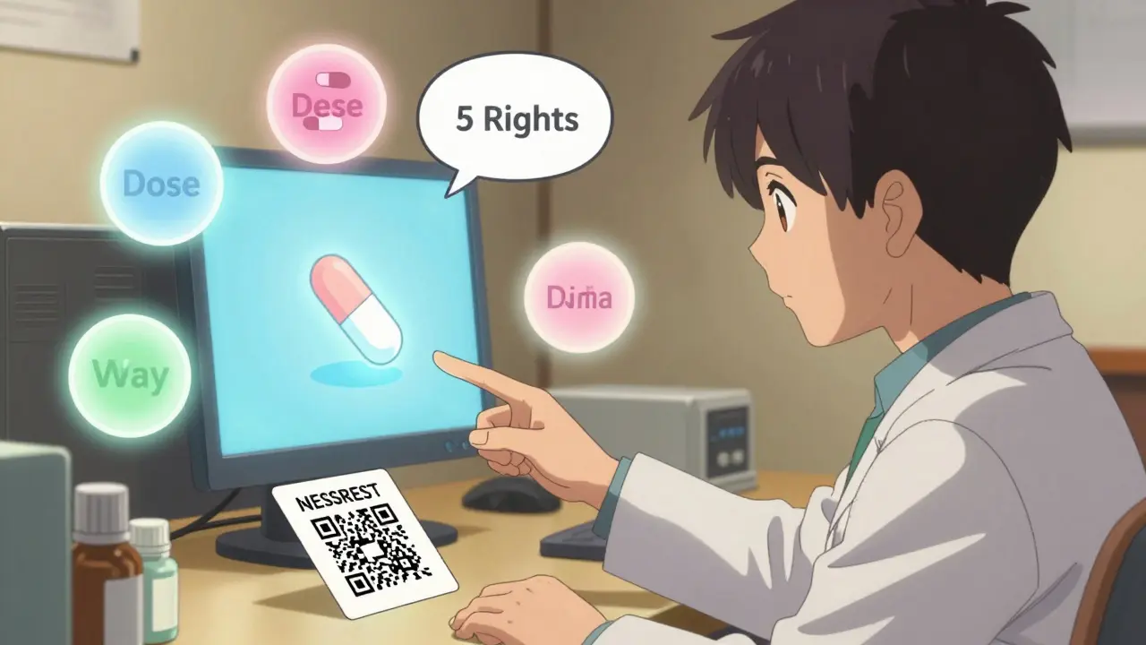 Pharmacist explaining QR code safety video with floating 5 Rights icons.