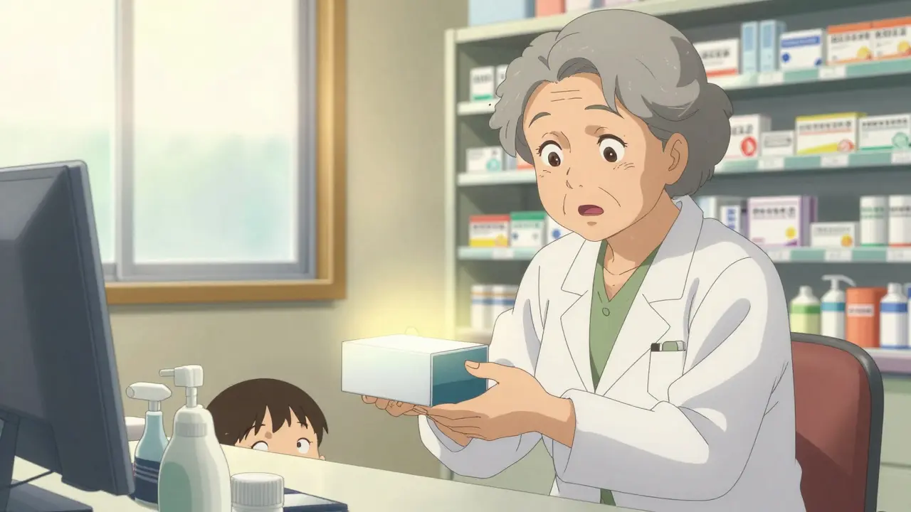 Pharmacist giving a lockbox to a smiling grandmother with grandchild peeking from behind.