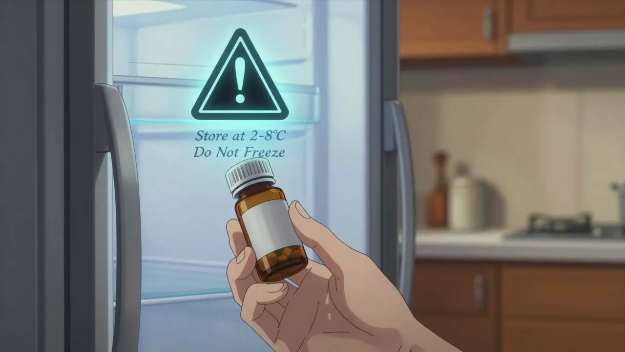 Pill bottle beside fridge with glowing black box warning and storage instructions.