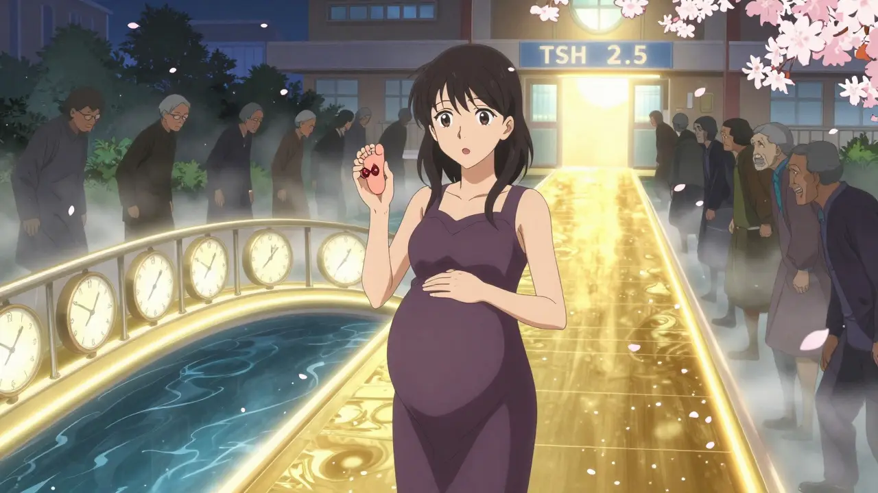 Pregnant woman on bridge with thyroid symbol and baby footprint, clocks below, golden path ahead to clinic.