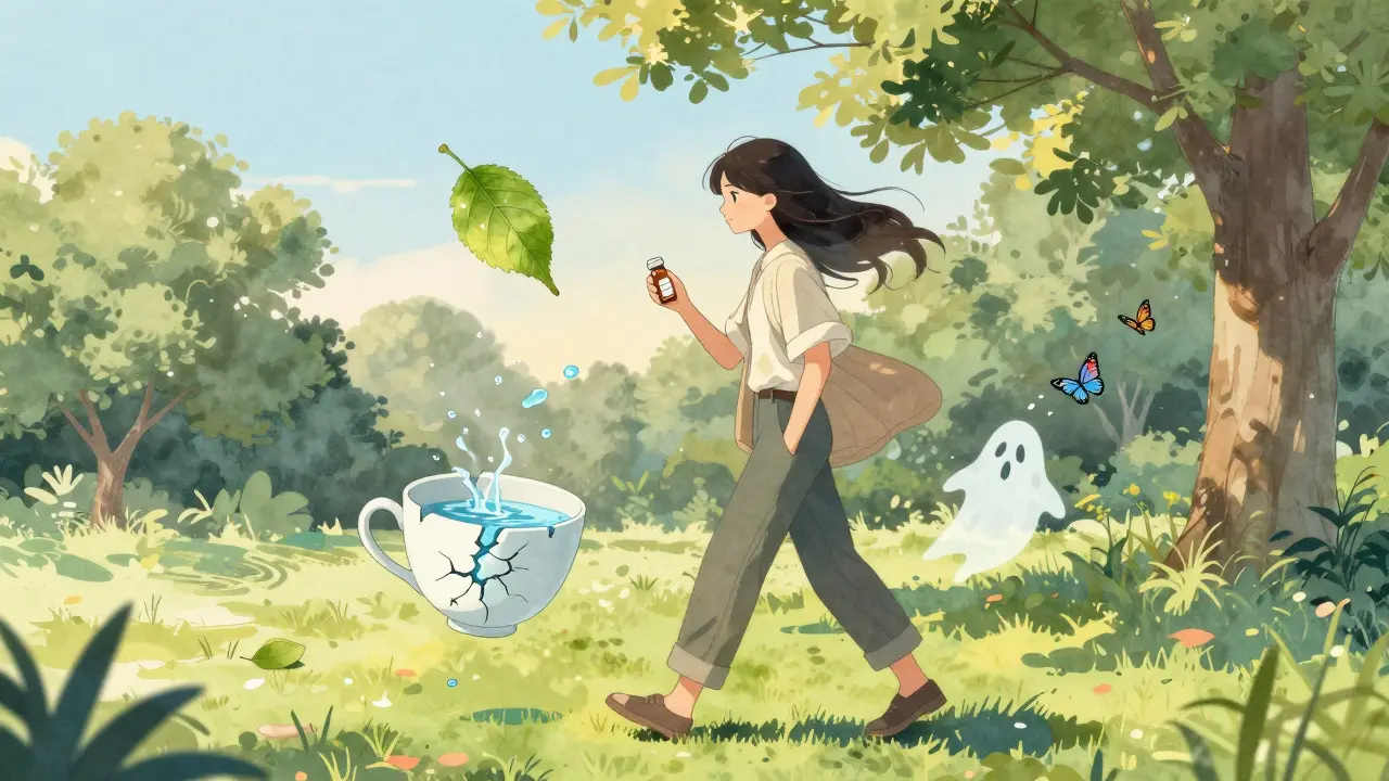 Someone walking in a park as side effect metaphors transform into butterflies and healing light.