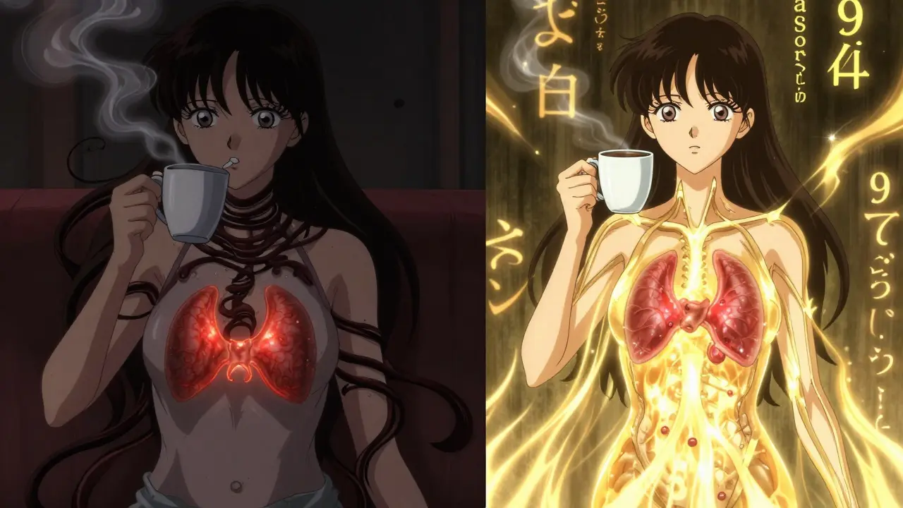 Split scene: coffee blocking thyroid vs. light flowing freely after waiting, anime CLAMP style.
