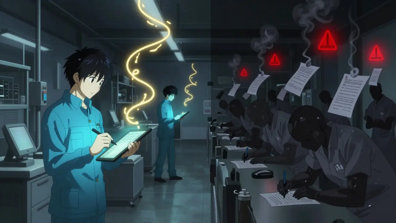 Split scene: one technician signing electronically with a golden audit trail, others destroying paper records in smoke.