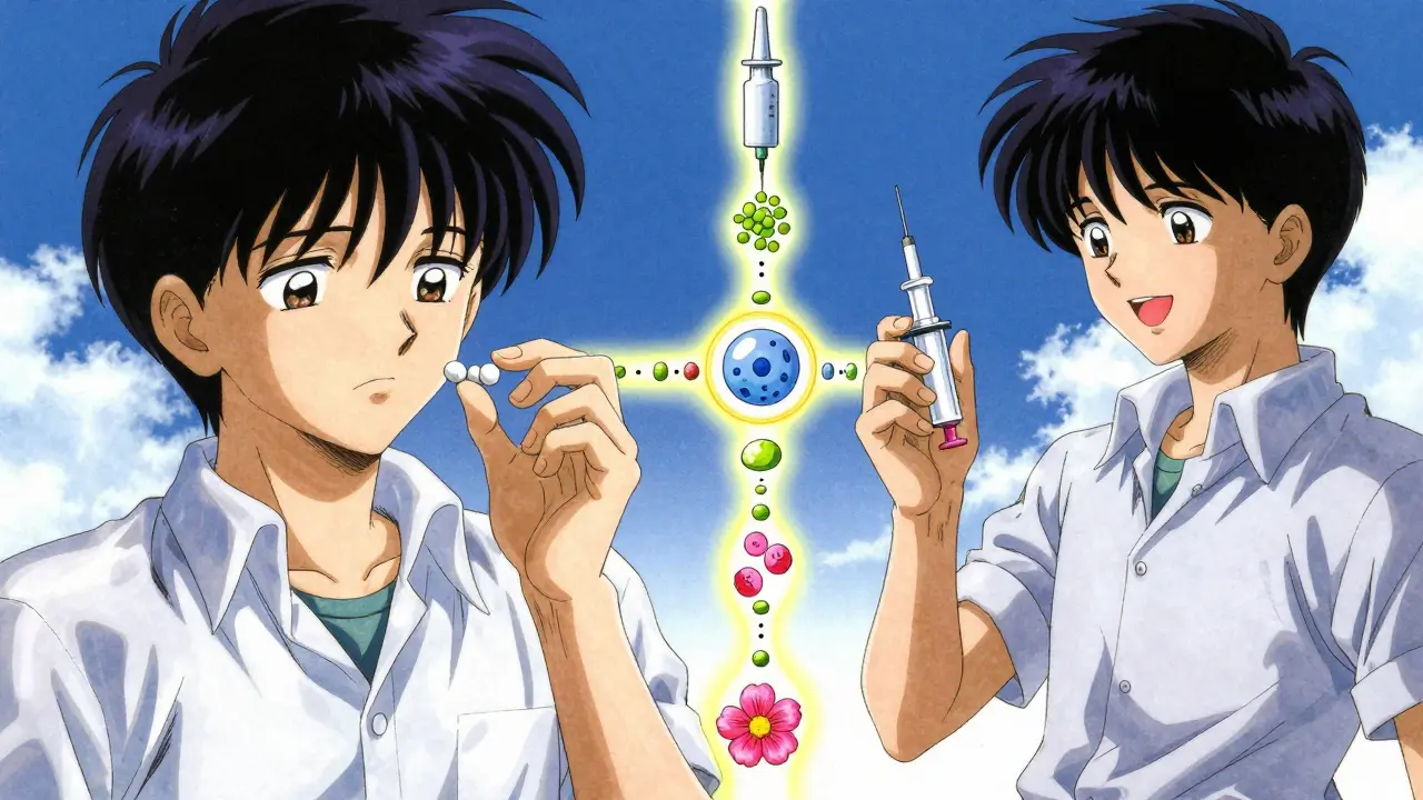 Split scene showing transition from overusing pills to effective allergy treatment, with symbolic flowers and medical icons.