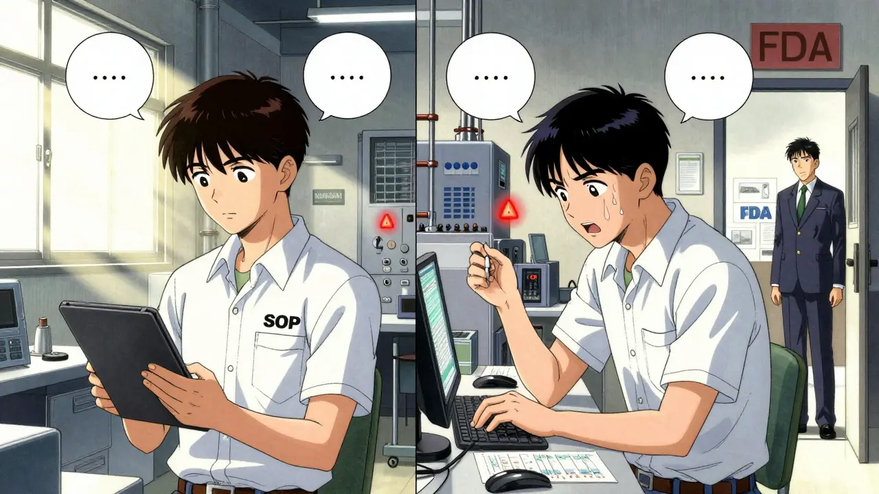 Split scene: U.S. and foreign factory workers reacting differently to an unannounced FDA inspection, one calm, one stressed.