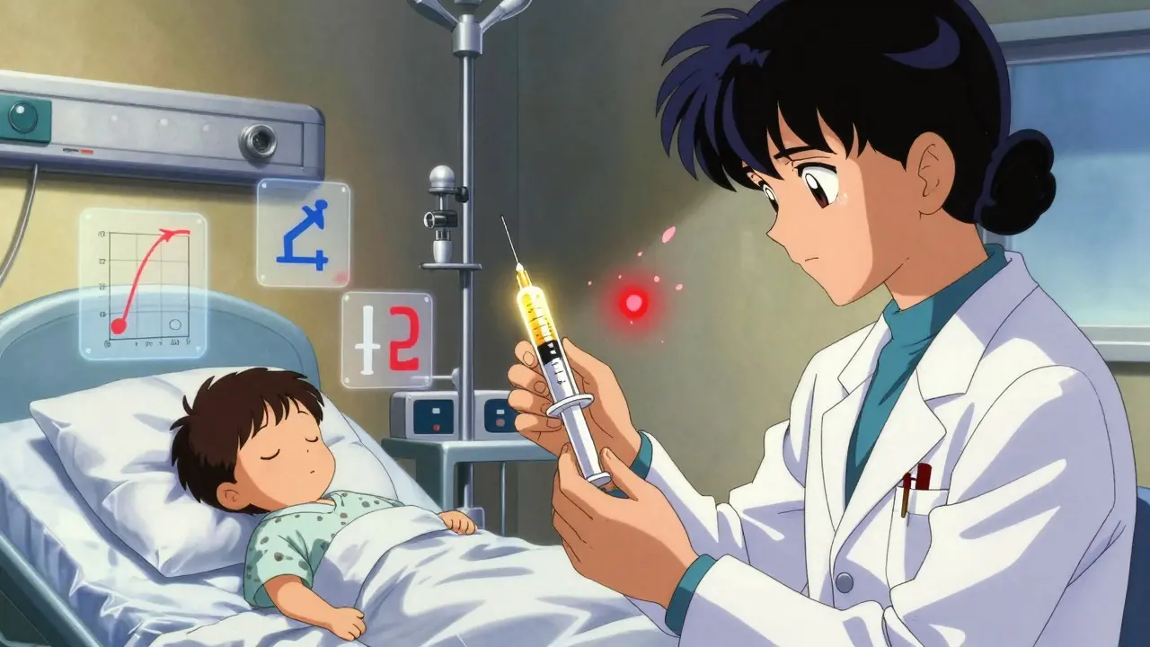 Two pharmacists carefully check a glowing insulin syringe beside a sleeping child with floating weight charts.