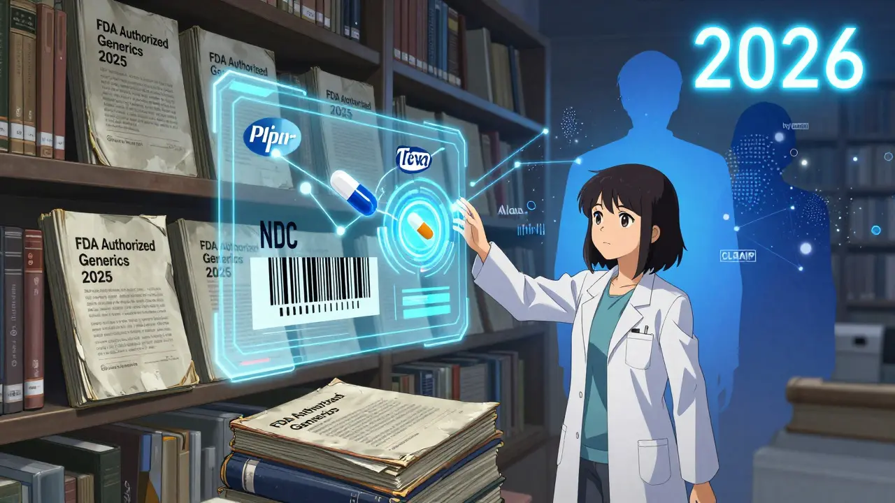 A girl touching a holographic drug database as old PDF books crumble, with 2026 glowing in neon kanji behind her.