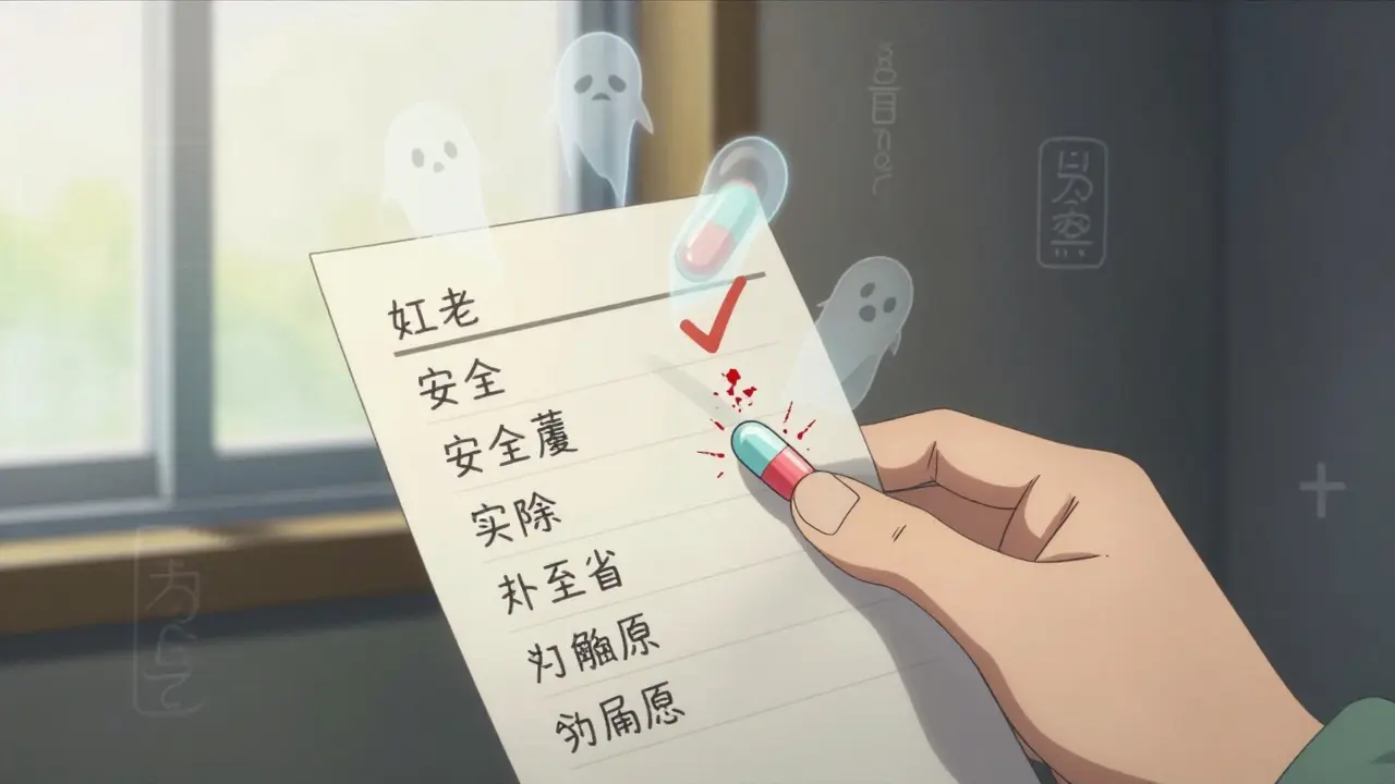 A handwritten medication list glows with floating pills merging into one safe dose.