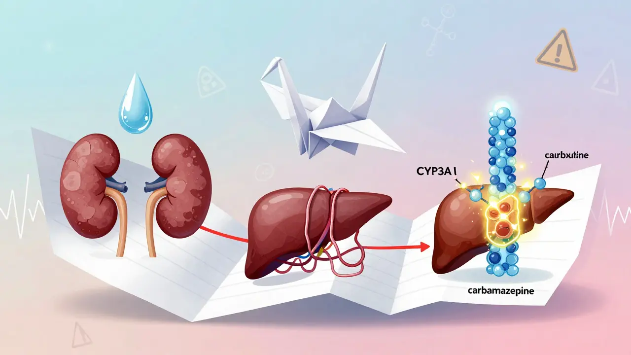 A medical chart shaped like a paper crane, showing pathways linked to kidneys, liver, and liver enzymes with floating warning symbols.