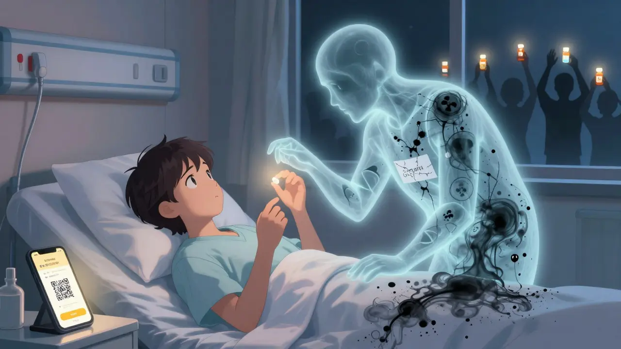 A patient holds a pill as a ghostly counterfeit drug looms over them, while a verified QR code glows warmly on a smartphone.