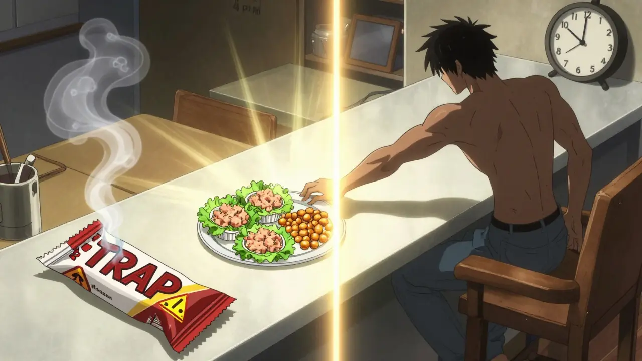A person choosing wholesome snacks over a misleading protein bar in a glowing contrast scene.
