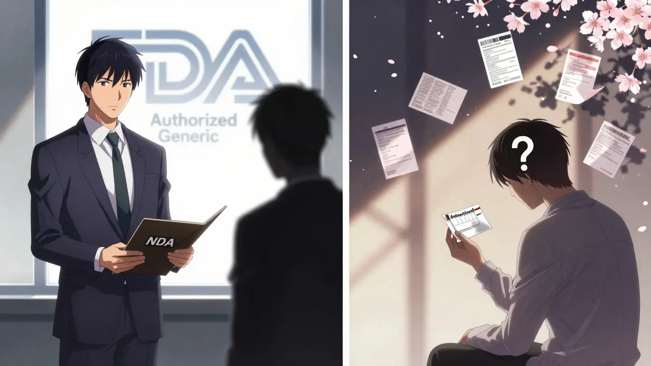 A pharmaceutical executive handing an authorized generic label to a shadowy figure while a patient looks confused.