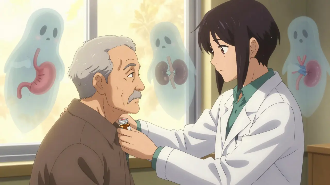 A pharmacist comforting an elderly man as shadowy health risks float behind them in soft manga style.