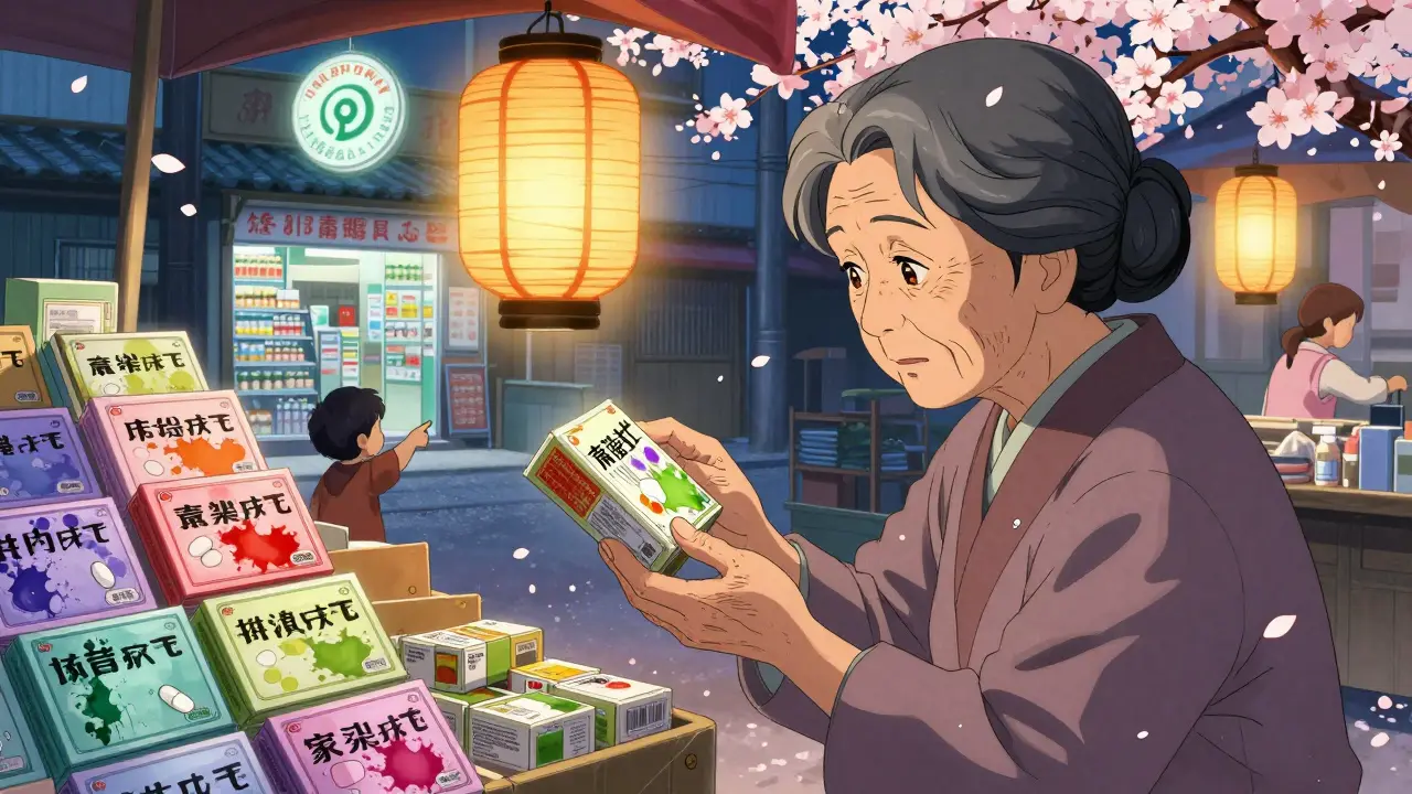 An elderly woman inspects a medicine box under a lantern at a street market, with a legitimate pharmacy glowing faintly in the distance.