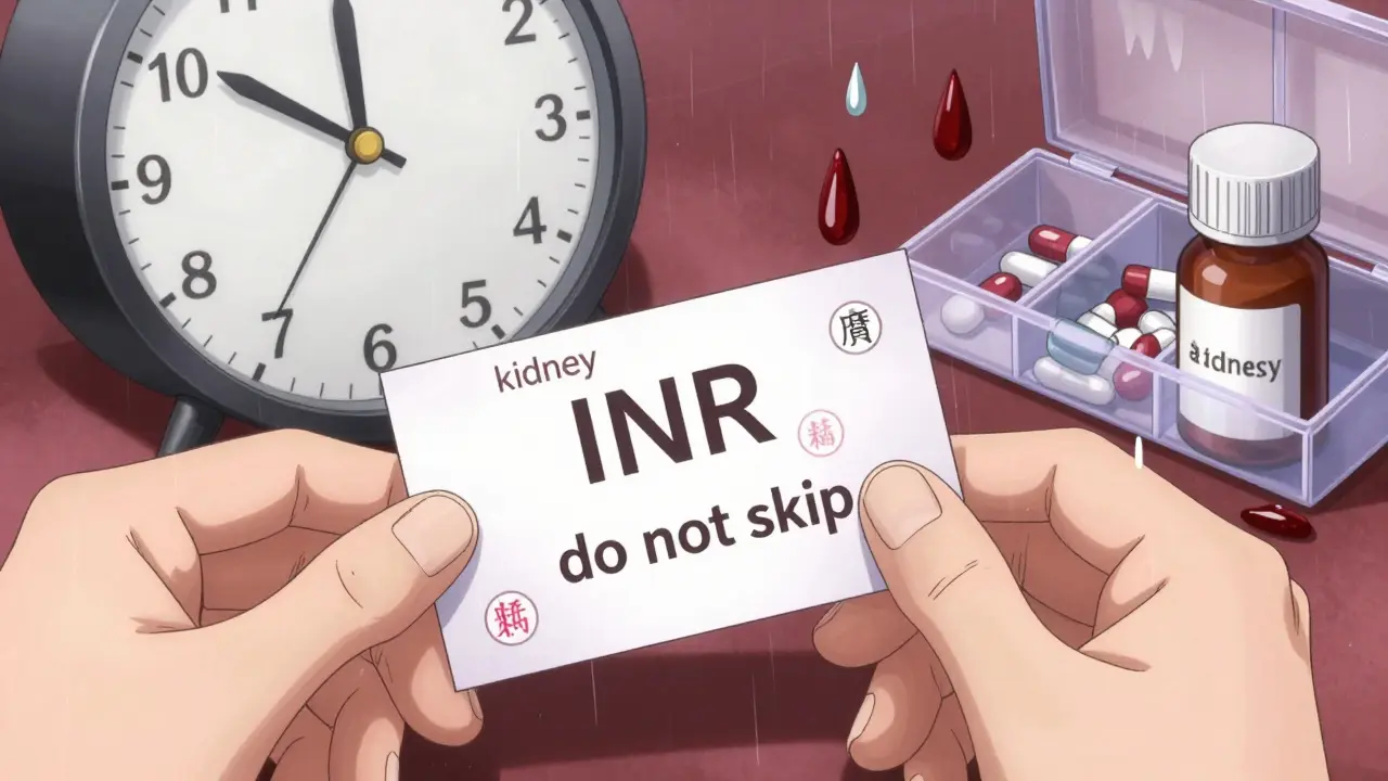 Anticoagulant alert card with floating kidney and INR symbols