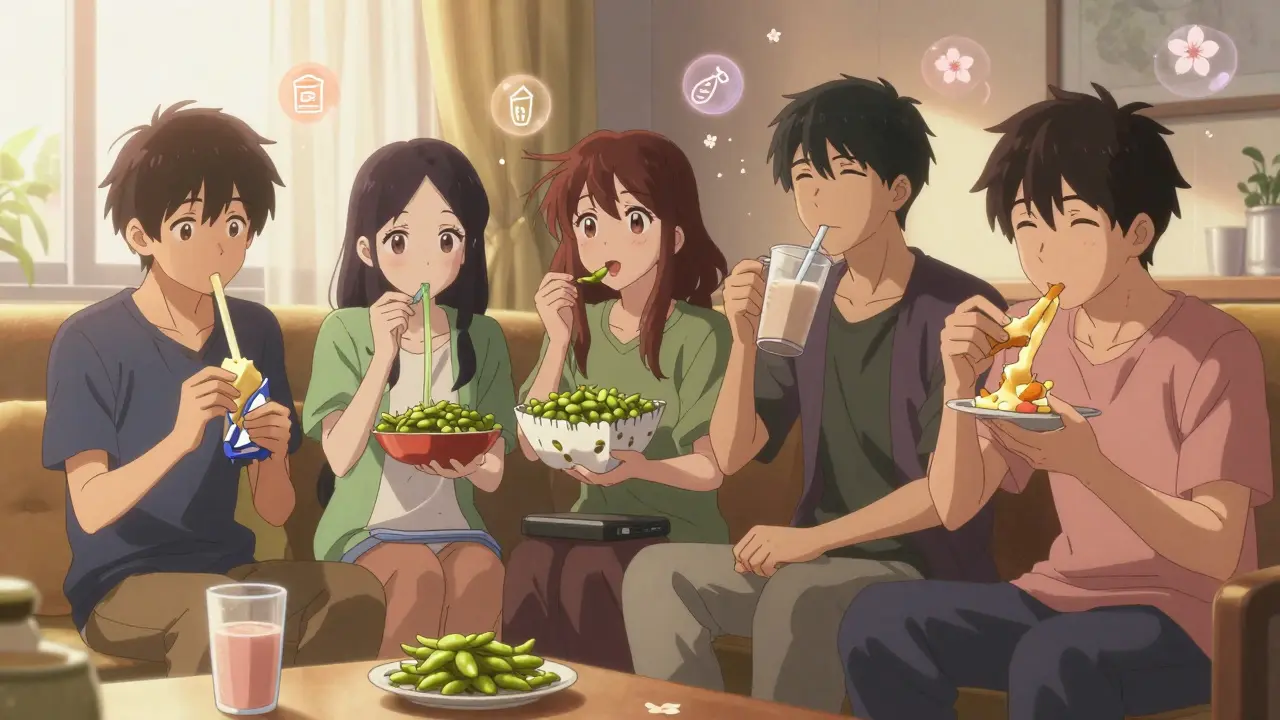 Friends sharing various high-protein snacks in a cozy living room with soft glowing light.