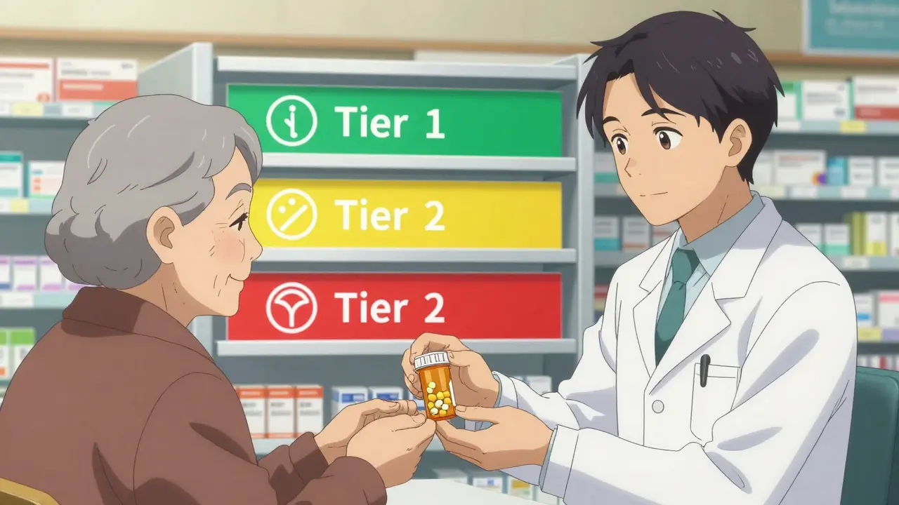 Pharmacist handing Tier 1 medication to patient at pharmacy counter with color-coded shelves.