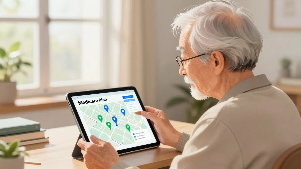 Senior using tablet to compare Medicare plans with stylized map interface in home setting.