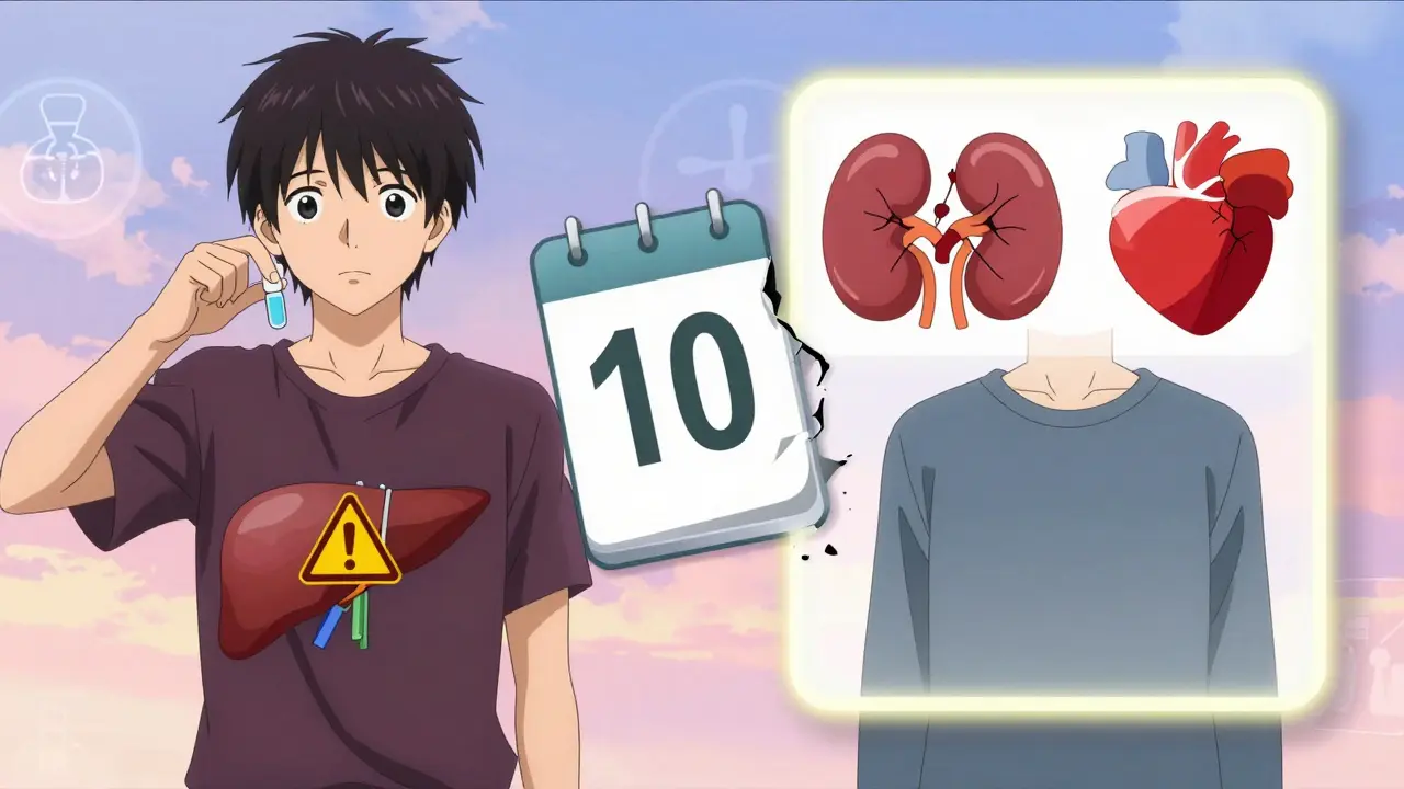 Split-panel showing acetaminophen and ibuprofen risks with a crumbling 10-day calendar in anime style.