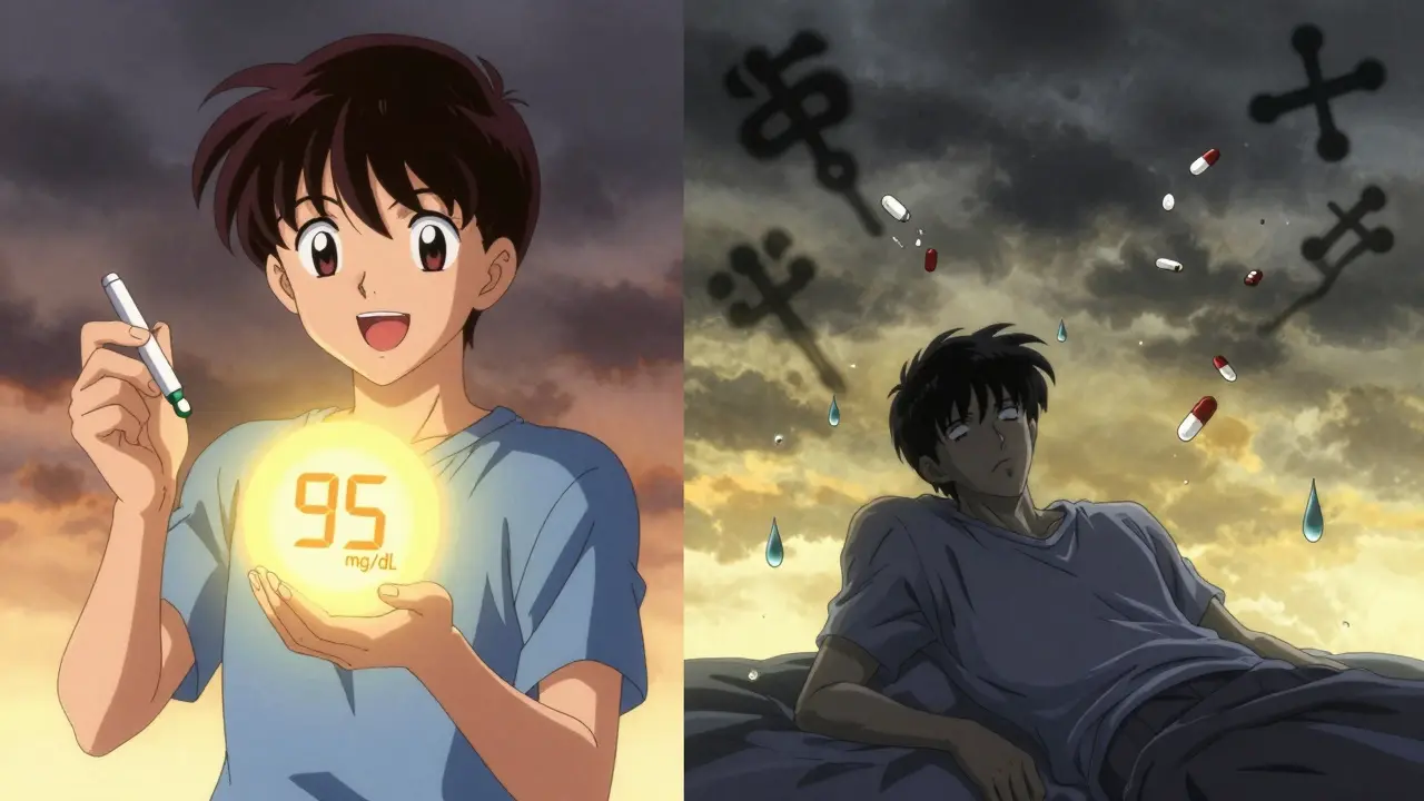 Split scene: patient testing normal blood sugar after steroids vs. earlier exhaustion, transitioning from dark to light.