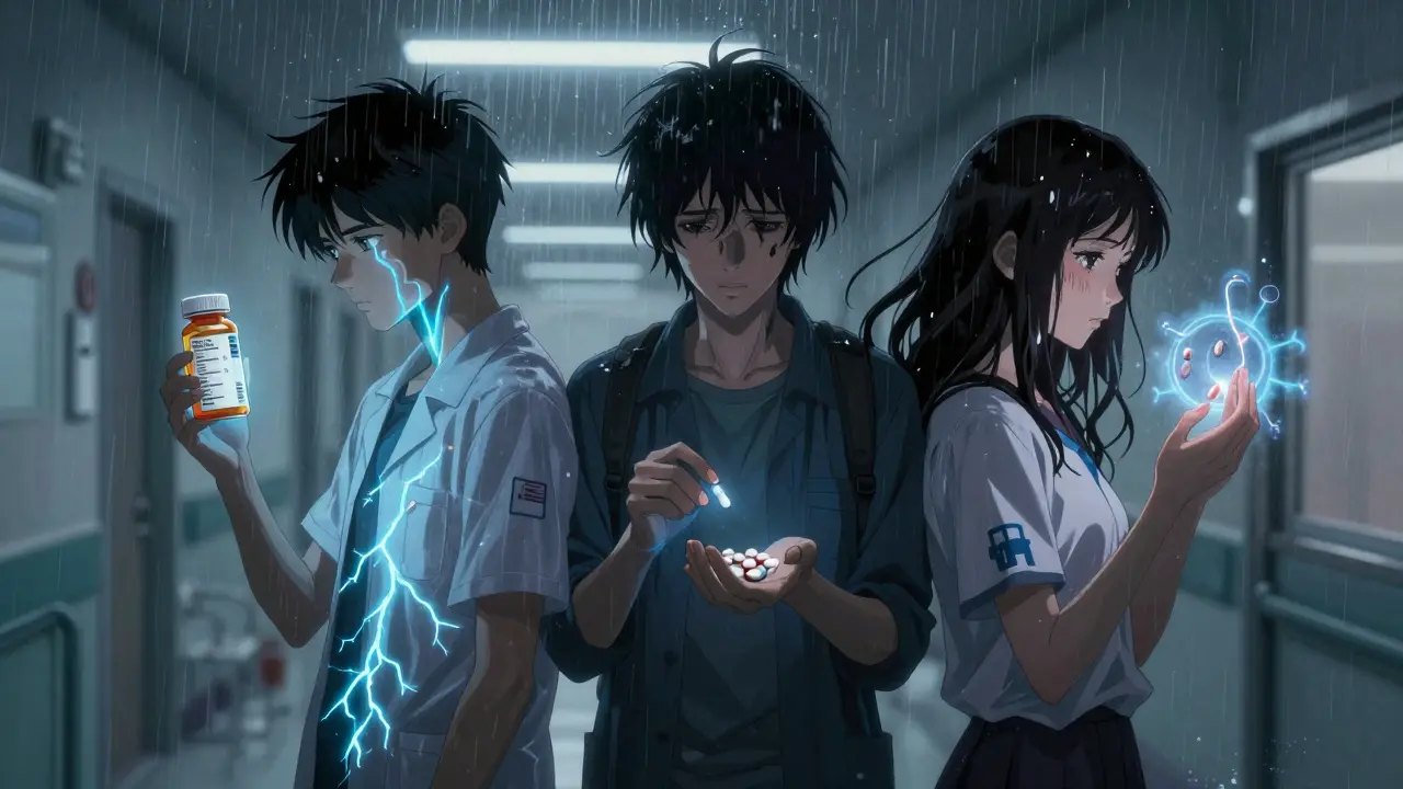 Three patients in a hospital hallway, each affected by different drug interactions, with glowing visual cues representing their unique risks.