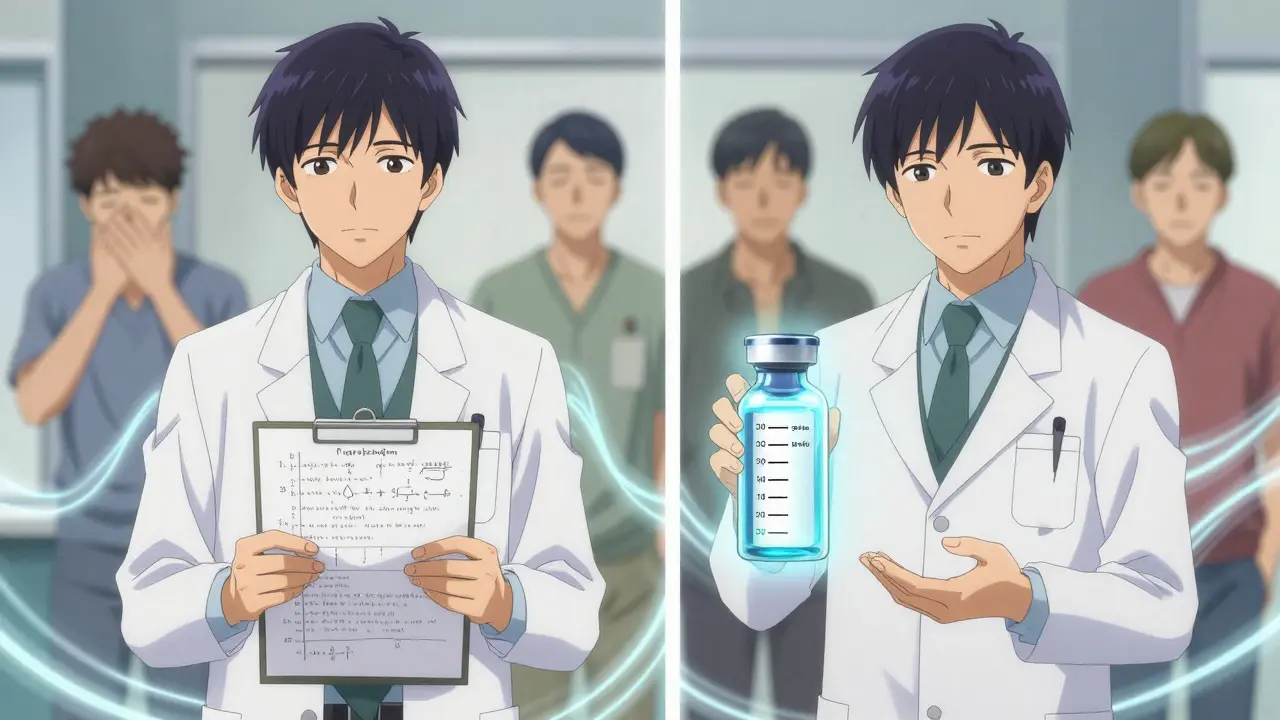 Two doctors comparing gabapentin and pregabalin with visual representations of dosage complexity and rapid onset.