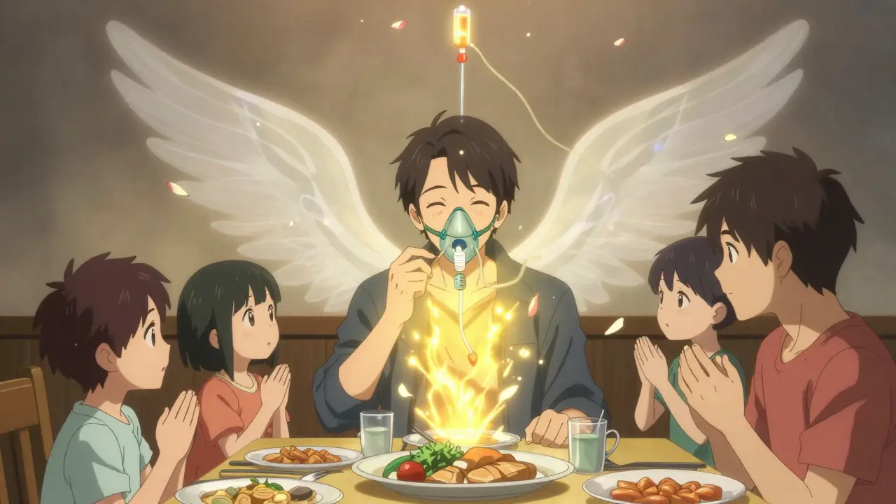 A family at dinner as glowing NIV and PEG tubes hover like wings, radiating warmth and connection in soft anime style.