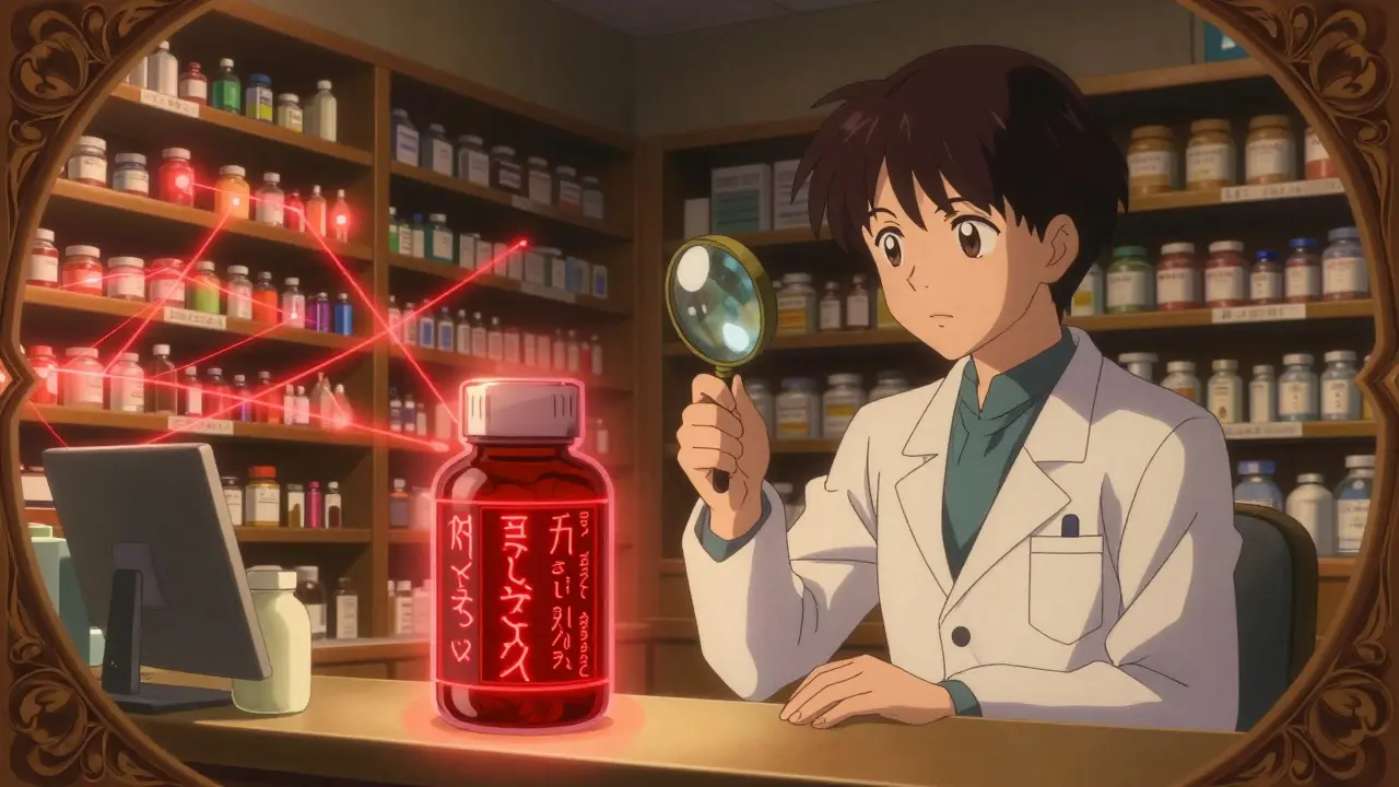 A pharmacist uses a magnifying glass to reveal hidden warning symbols on a supplement bottle, with glowing interaction threads connecting drugs and supplements.