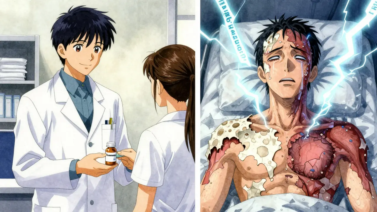 A prescription bottle transforms into a deadly skin reaction, with genetic code flashing above the patient in CLAMP manga style.