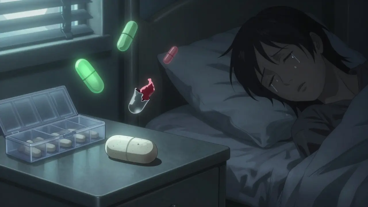 A single defective pill beside an empty organizer in a dim bedroom, ghostly versions of the pill floating around it.