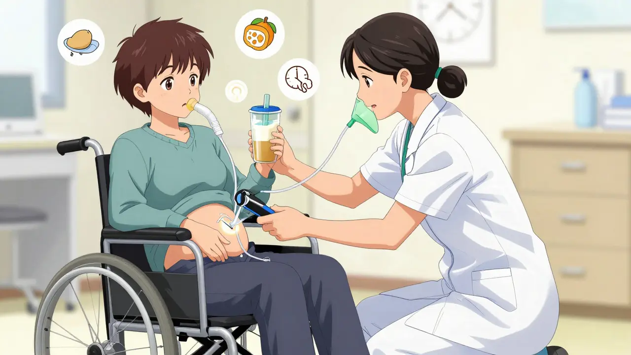 A therapist helping a patient with a portable ventilator and nutrition shake, symbolic icons of breath and food floating nearby.