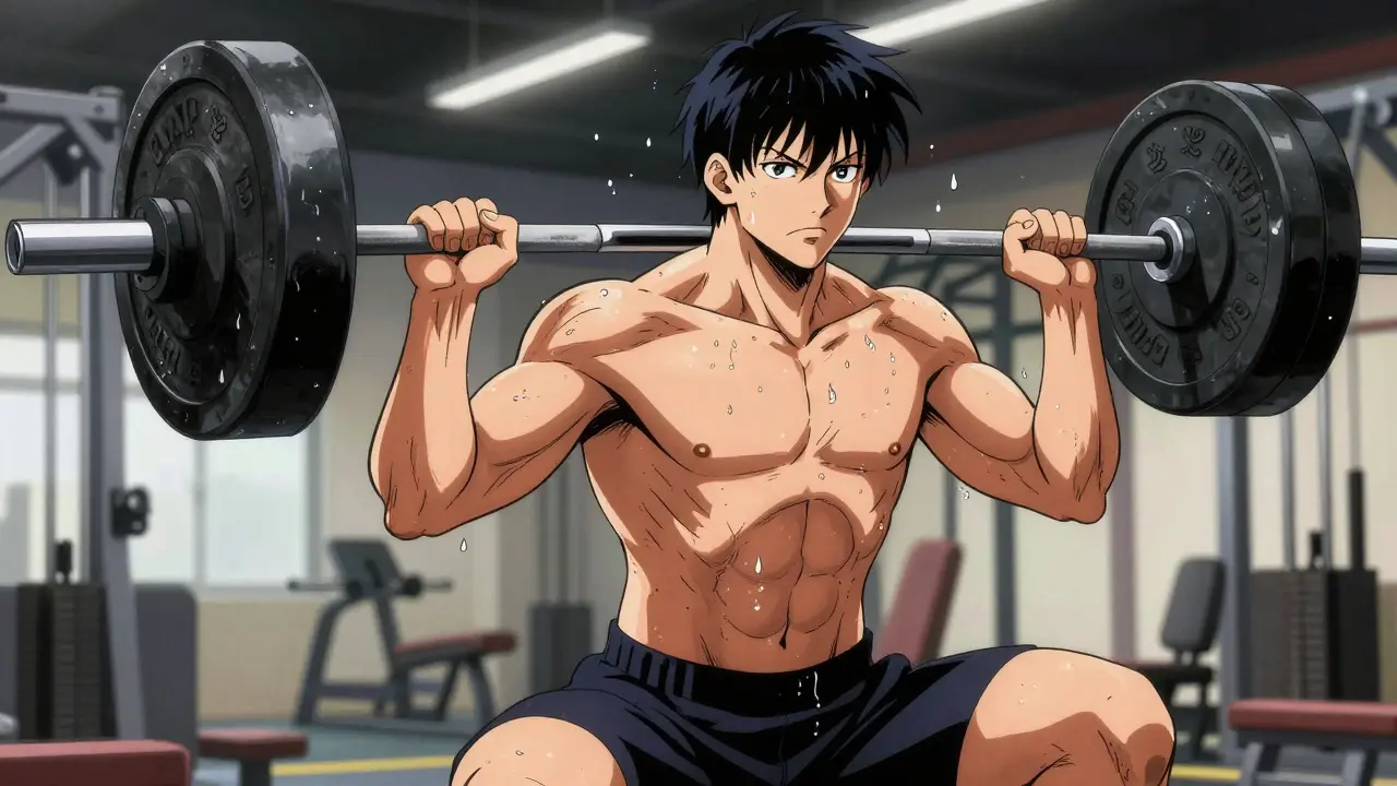 Athlete lifting weights in a gym with dynamic pose.