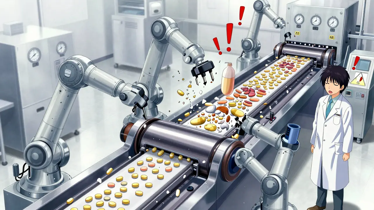 Chaotic pharmaceutical production line with defective tablets mid-air, robotic arms struggling to correct them.