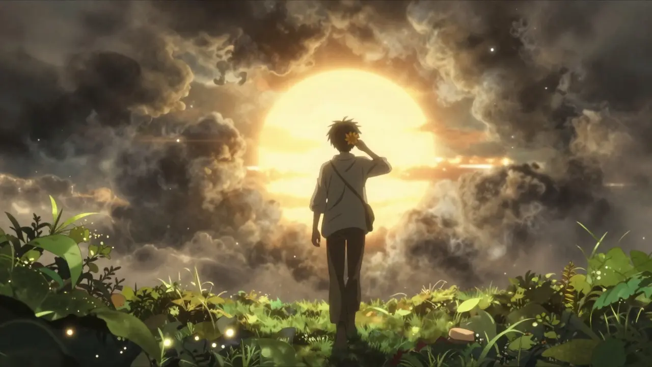 Figure walking toward sunlight away from shadows, symbolizing recovery from eye disease symptoms.