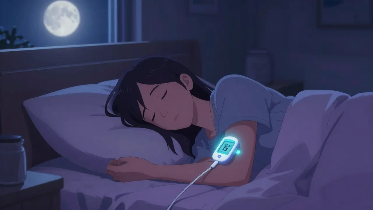 Person resting at night with a glowing continuous glucose monitor on arm