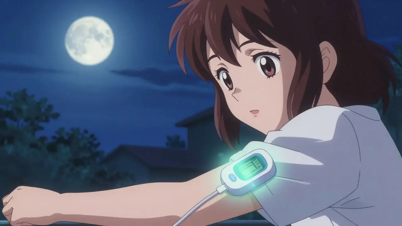 Person wearing continuous glucose monitor sensor at night.